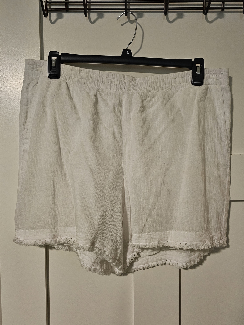 J. Jill Linen White Gauze Elastic-Waist Shorts with Frayed Hem